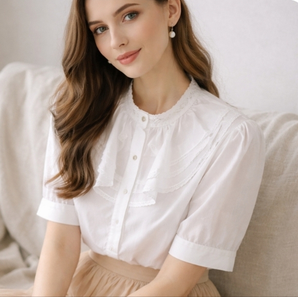 Erica | 90's Vintage White Cotton Collar Frill Feminine Blouse - Picture 6 of 10